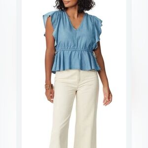 Sam Edelman Binx flutter sleeve peplum top light denim‎ blue pastel blue